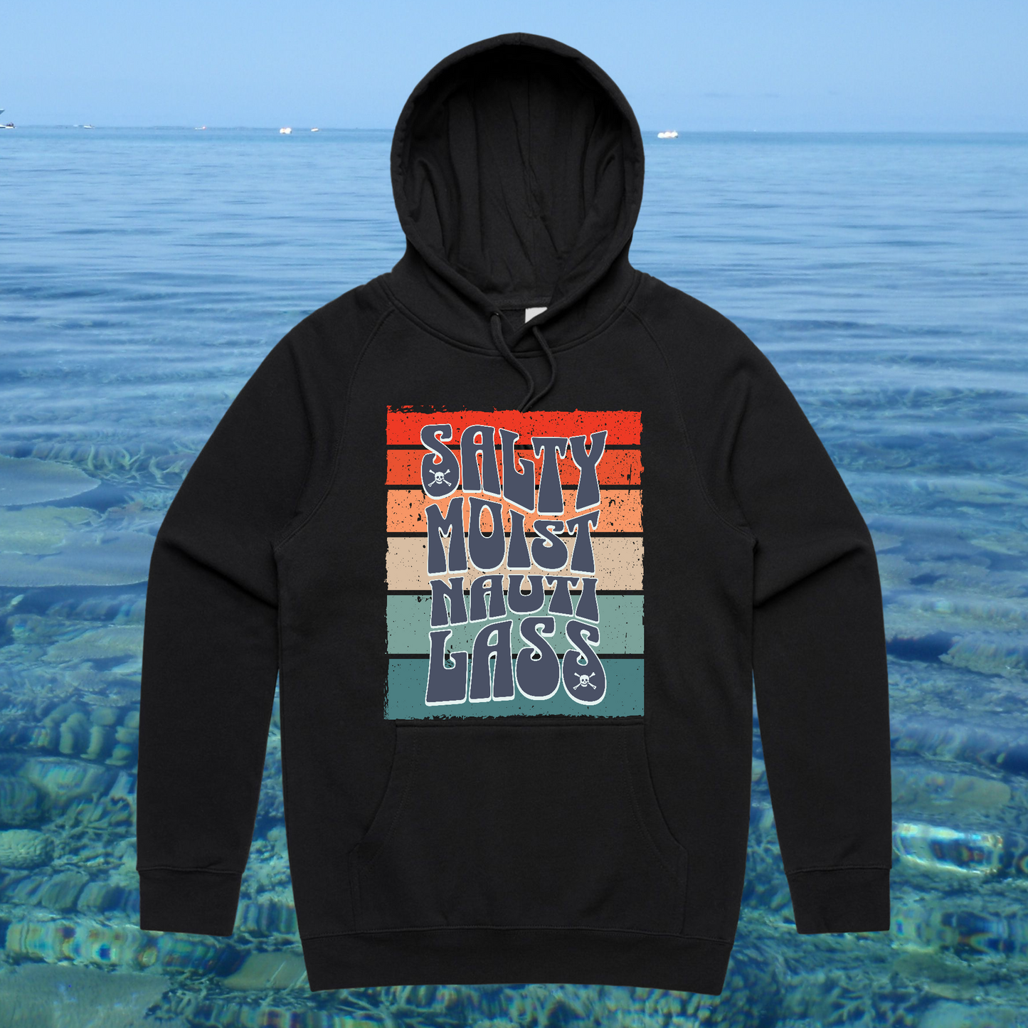 Salty Moist hoodie - front (stripes)